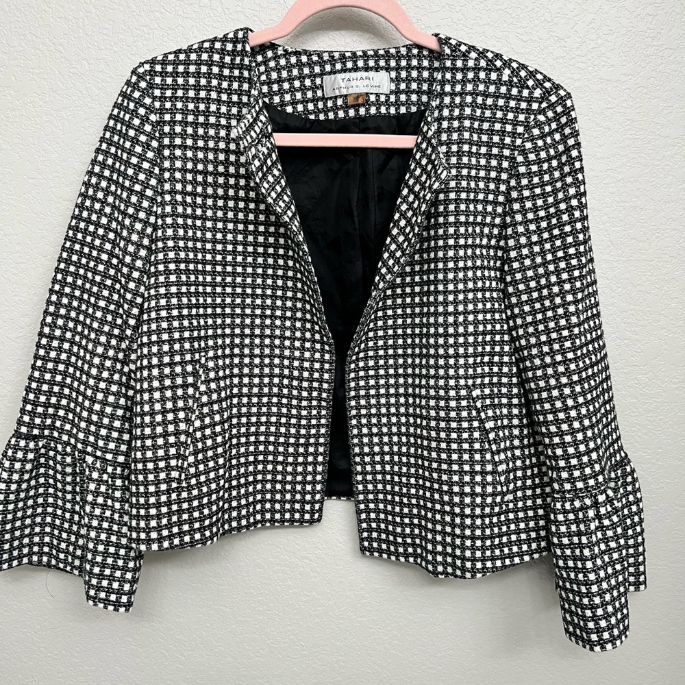Business Jacket- black and white with ruffle sleeves